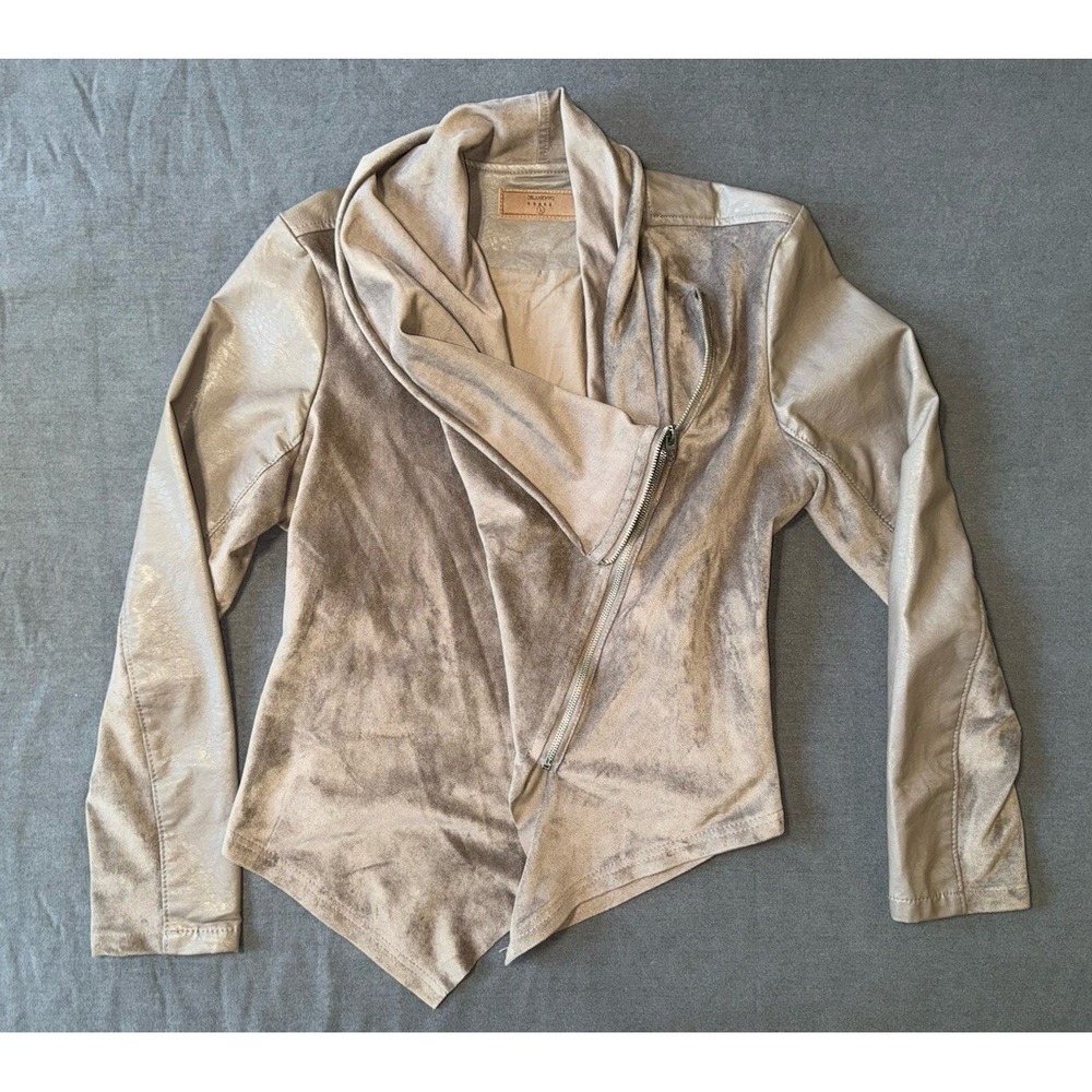 BLANKNYC Womens Taupe Faux Leather Moto Jacket L Distressed Asymmetrical Zip
